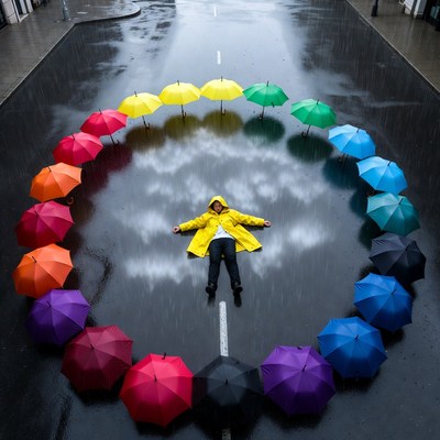 Colorful umbrellas in rainy street
