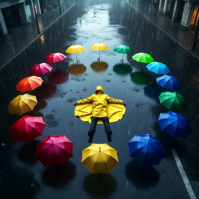 Person in yellow raincoat surrounded by umbrellas