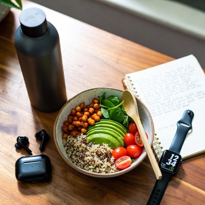 Healthy meal prep with fitness gear