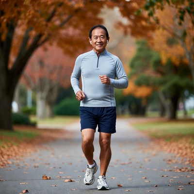 Elderly man jogging in autumn park