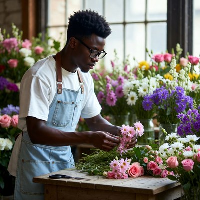 Flower arranging in a bright shop