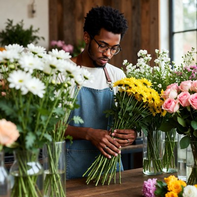 Florist arranging colorful flower bouquet