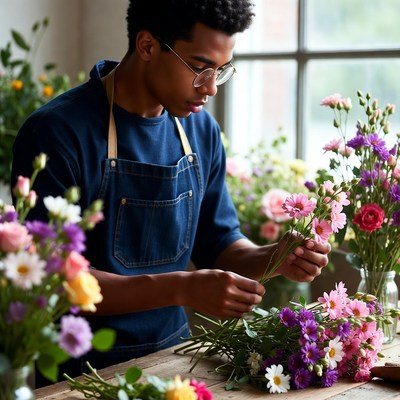 Florist arranging colorful flowers indoors
