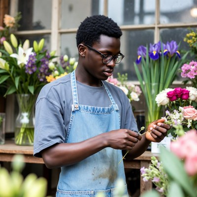 Young florist arranging flowers at shop