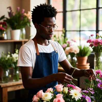 Flower arranging in a bright shop