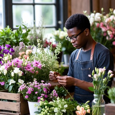 Young florist arranging fresh flowers