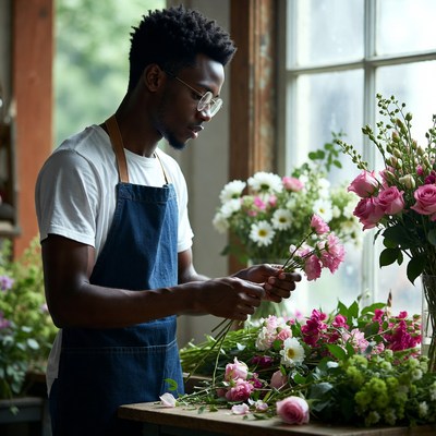 Flower arranging in a rustic workshop