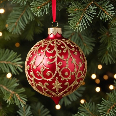 Red christmas ornament on tree
