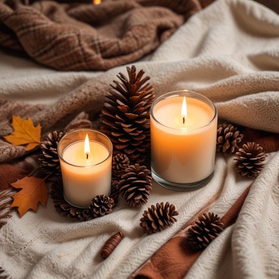 Candles and pinecones on blanket