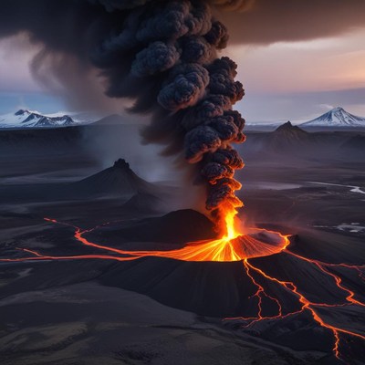 Volcano eruption at dusk in iceland