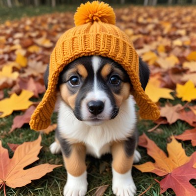 Cute puppy in autumn hat