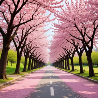 Cherry blossom trees lining the road