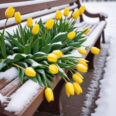 Yellow tulips in snow-covered park