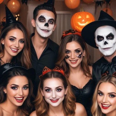 Halloween party with friends in costumes