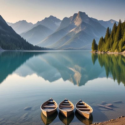 Mountain lake at dawn with boats