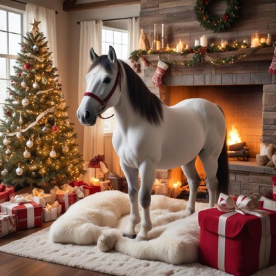 White horse in cozy holiday setting