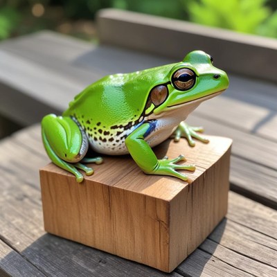 Bright green frog on wooden block