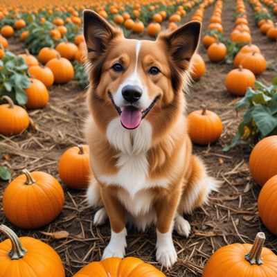 Happy dog in pumpkin patch