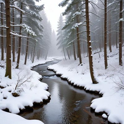 Winter forest stream scene
