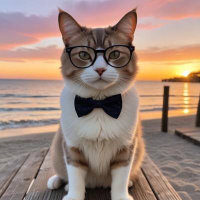 Cat in glasses at sunset beach