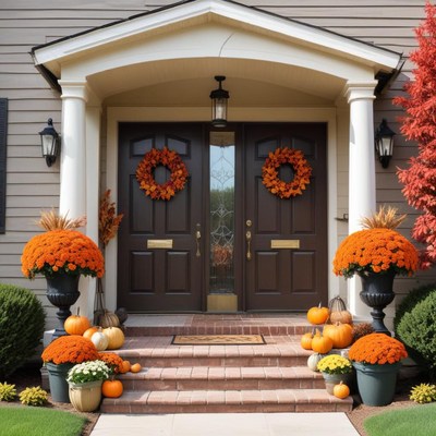 Autumn porch decorations with pumpkins