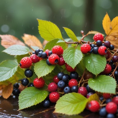 Berries and leaves after rain