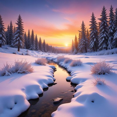 Winter sunset over snow-covered landscape