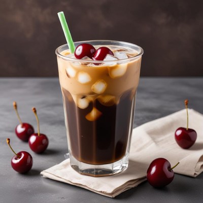 Chilled coffee with cherries served