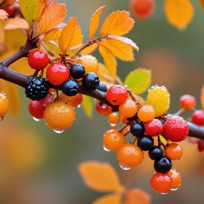 Colorful berries with raindrops on branch