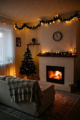 Cozy living room with christmas tree