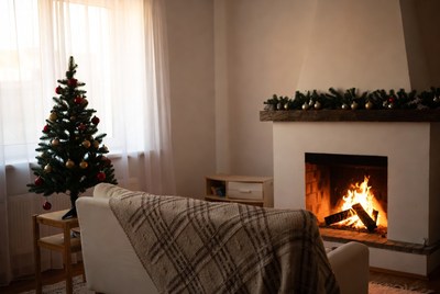 Cozy winter scene with fireplace