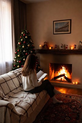 Cozy evening reading by the fire