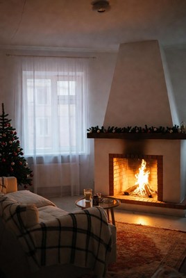 Cozy living room with fireplace at night
