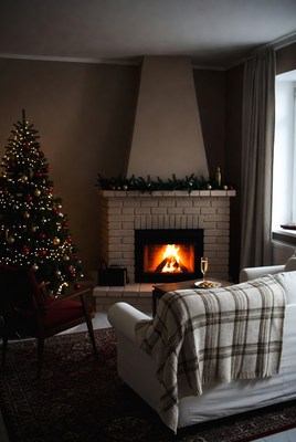 Cozy winter evening by the fireplace