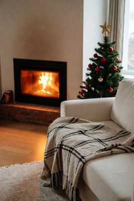 Cozy living room with fireplace and tree