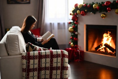 Cozy reading time by the fireplace