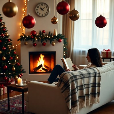 Cozy winter evening by the fireplace