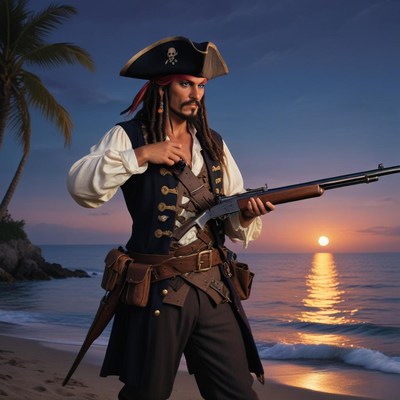 Pirate stands on beach at sunset