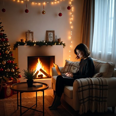 Cozy winter evening by the fireplace