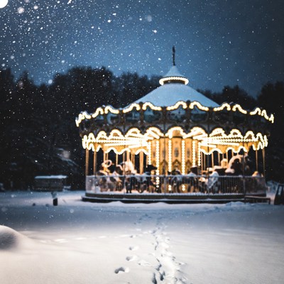 Snowy carousel in winter night