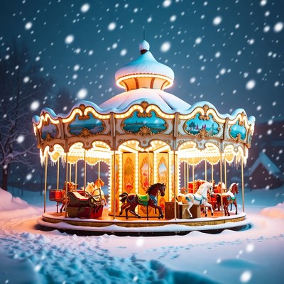 Winter carousel in snowy evening