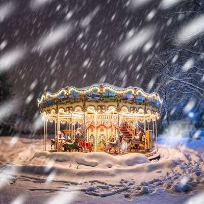 Snowy carousel in winter wonderland