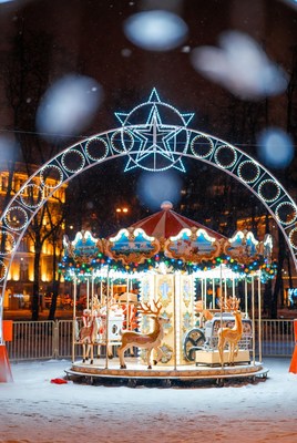 Winter carousel illuminated at night