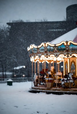 Snowy carousel in winter wonderland