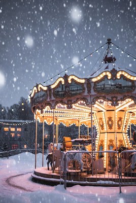 Winter carousel under falling snow