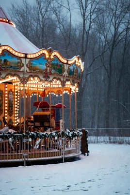 Winter carousel in a snowy park
