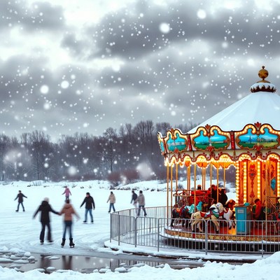 Bright carousel in snowy park scene