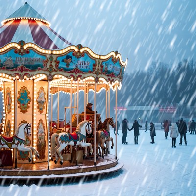 Winter carousel in snowy park