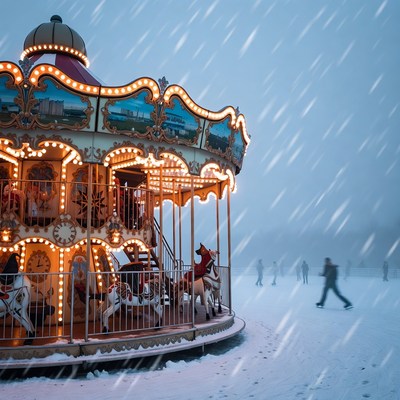 Snowy winter carousel scene in the park