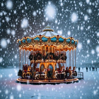 Snowy carousel under bright lights